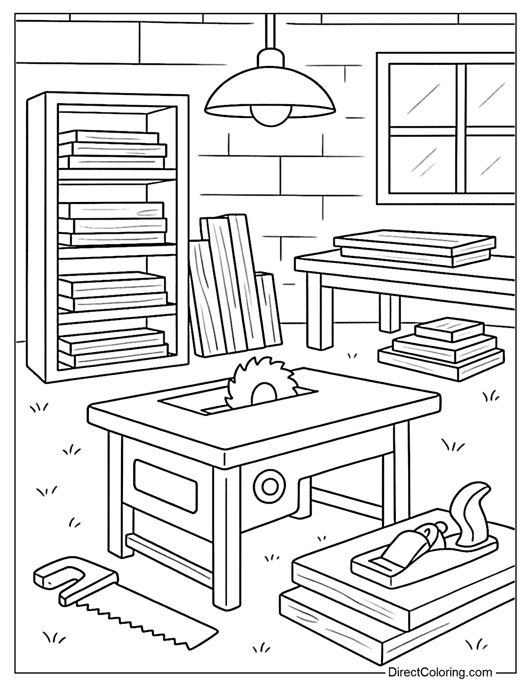 Modern wood workshop scene coloring page with a wood shelf, table saw and bright lights.